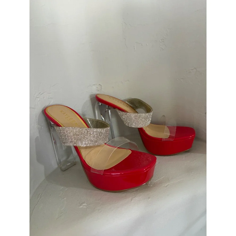 Kayleen Red Patent Rhinestone Platform Sandals Clear Block Heel Billy-7 Size 6.5